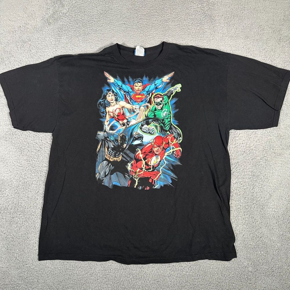 Justice League Shirt‎ Mens 2XL Black Faded Superhero Batman Superman Comic Y2K
